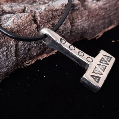 Mjolnir Necklace – Thor’s Hammer with Wolf Tooth and Solar Symbols - Pewter / Brass