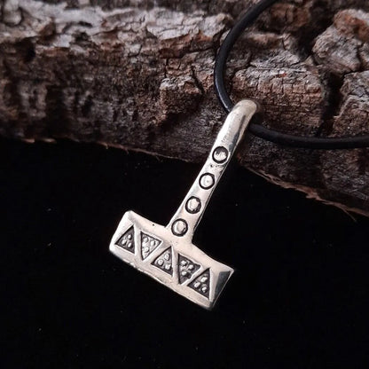 Mjolnir Necklace – Thor’s Hammer with Wolf Tooth and Solar Symbols - Pewter / Brass