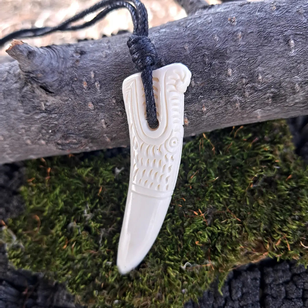Viking Dragon Fang Bone Pendant – Ansuz Rune Carved Amulet