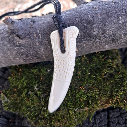 Viking Dragon Fang Bone Pendant – Ansuz Rune Carved Amulet