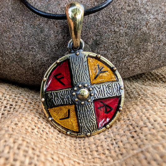 Viking Shield Pendant – Brass with Enamel, Handmade Using Beeswax Casting