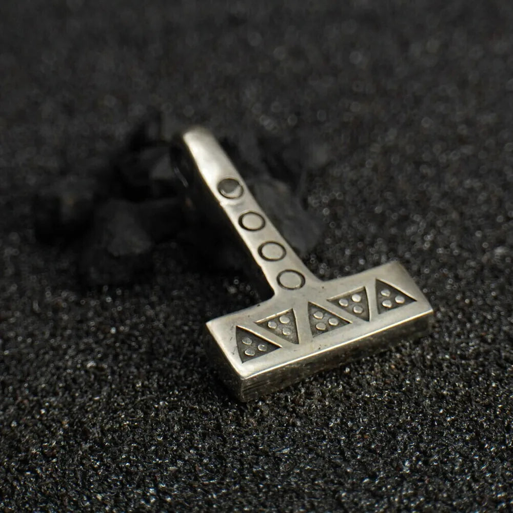 Silver Mjolnir Necklace – Handcrafted Thor’s Hammer with Wolf Tooth and Solar Symbols