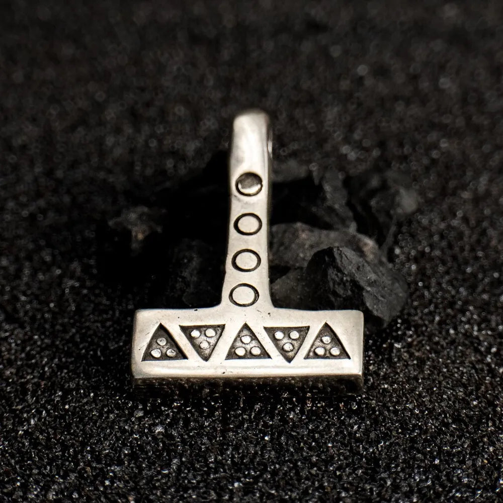 Silver Mjolnir Necklace – Handcrafted Thor’s Hammer with Wolf Tooth and Solar Symbols