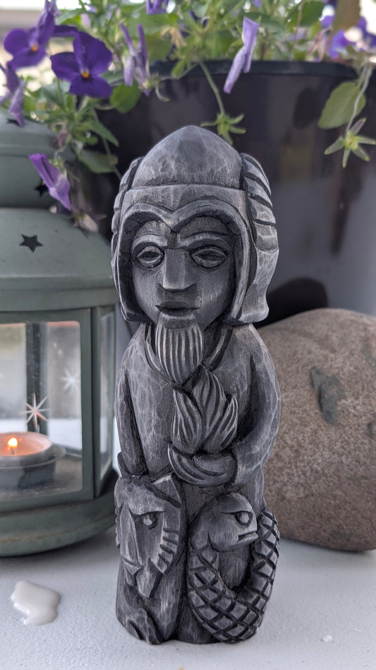 Loki Norse God Statue – Hand-Carved Wooden Loki Idol with Fenrir & Jormungandr, Viking Altar Figure, 18 cm