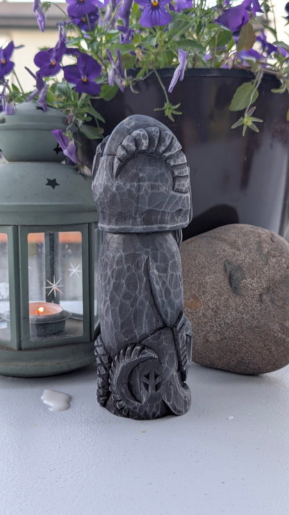 Loki Norse God Statue – Hand-Carved Wooden Loki Idol with Fenrir & Jormungandr, Viking Altar Figure, 18 cm