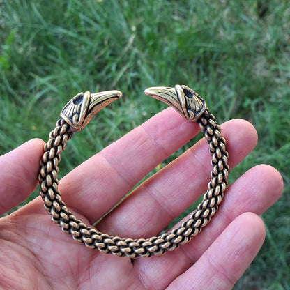 Hand-Woven Gotland Viking Bracelet – Six-Rod Oath Ring with Raven Heads