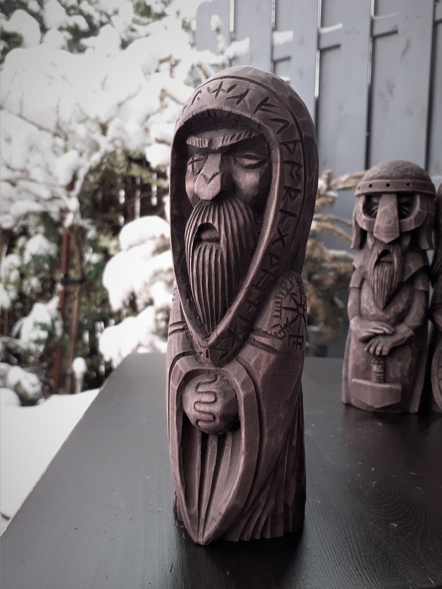 Hand-Carved Odin Statue in Linden Wood – Norse God Figurine with Runes (18 cm)