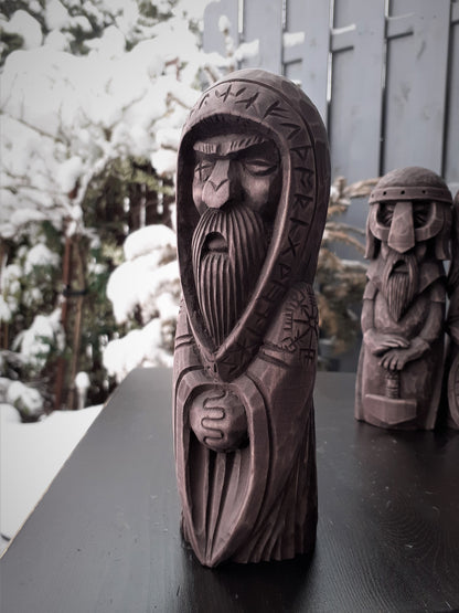 Hand-Carved Odin Statue in Linden Wood – Norse God Figurine with Runes (18 cm)