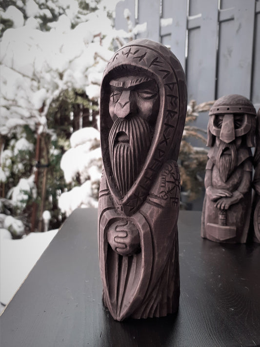 Hand-Carved Odin Statue in Linden Wood – Norse God Figurine with Runes (18 cm)