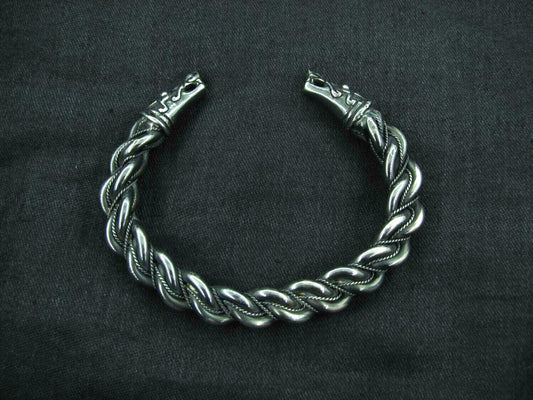 Massive Twisted Gotland Bracelet, Silver – Oath Ring with Dragon / Wolves  Heads Terminals