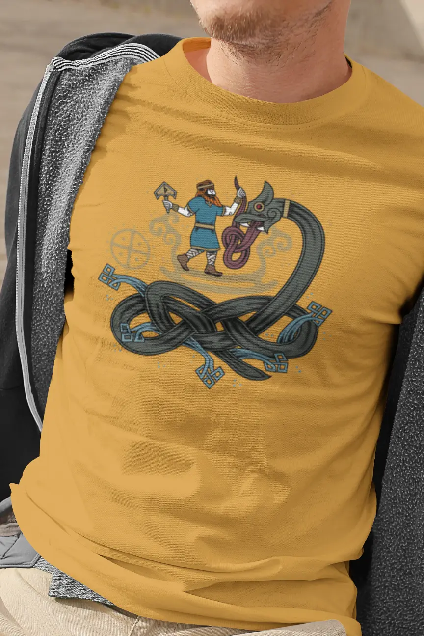 Thor vs. Jörmungandr T-Shirt – Norse Mythology Unisex Cotton Tee | Thunder God and World Serpent