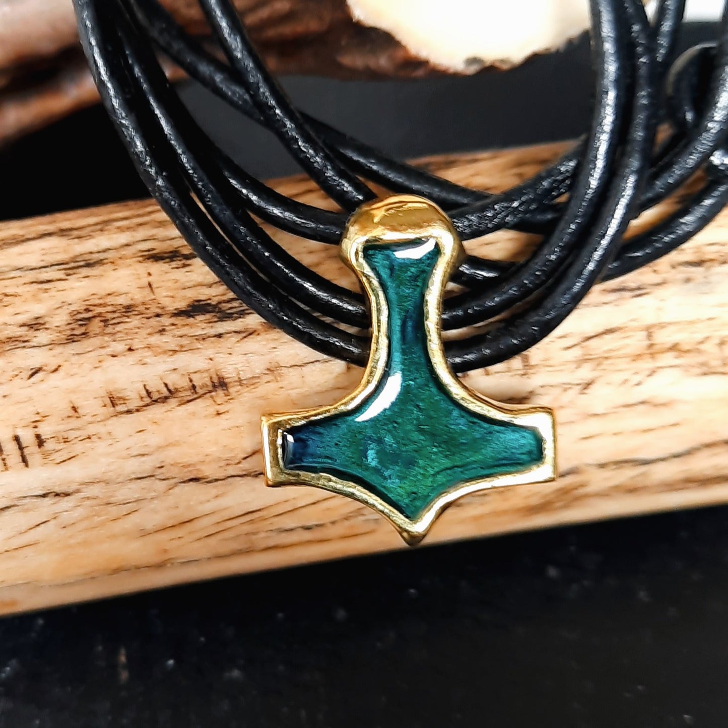 Mjolnir Amulet from Ukraine – Green Enamel Brass Thor’s Hammer