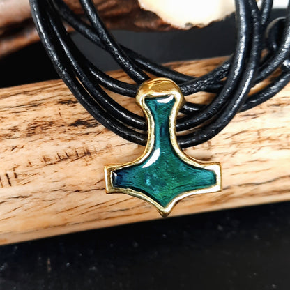 Mjolnir Amulet from Ukraine – Green Enamel Brass Thor’s Hammer