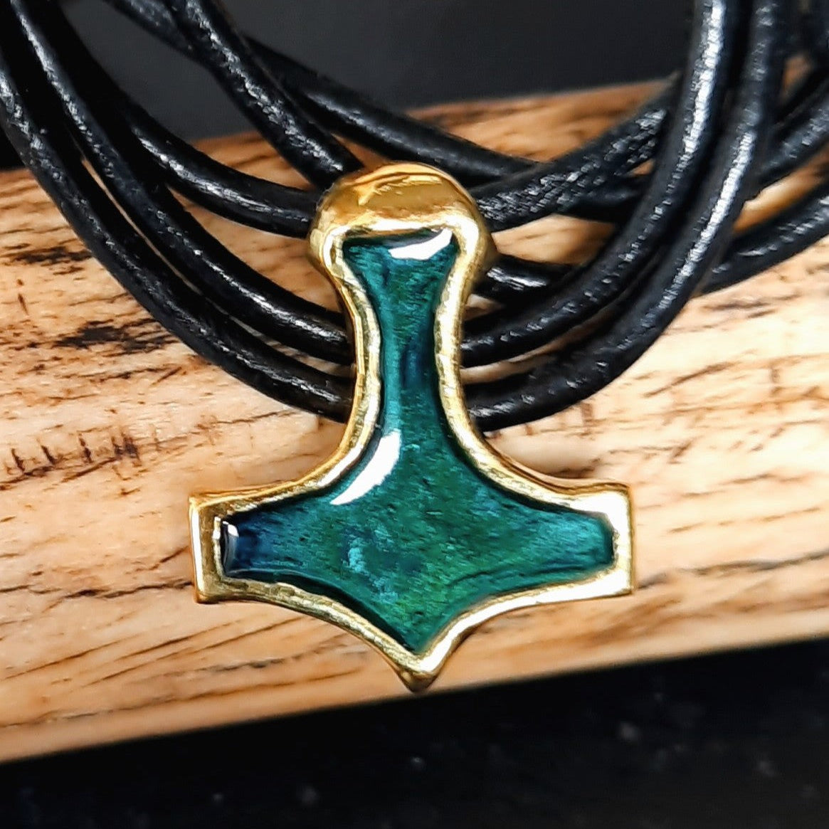 Mjolnir Amulet from Ukraine – Green Enamel Brass Thor’s Hammer